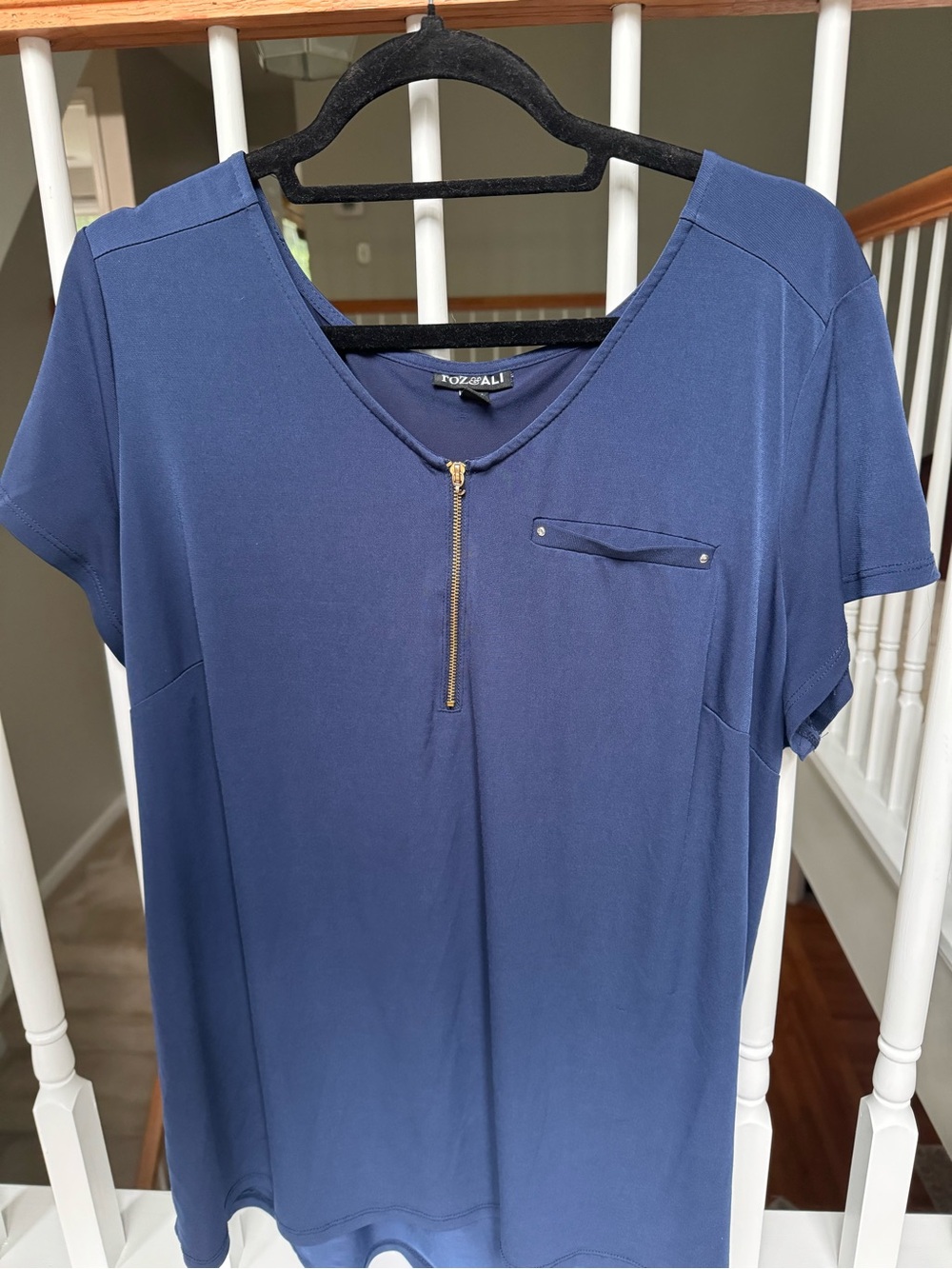Roz & Ali Navy Short Sleeve Top with Gold Zip